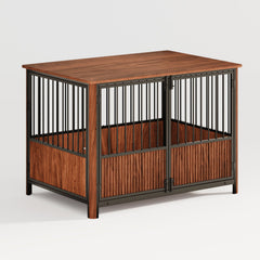 Walnut Fluted Wood Dog Crate Furniture Style Double Door