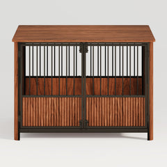 Walnut Fluted Wood Dog Crate Furniture Style Double Door