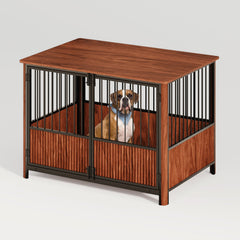 Walnut Fluted Wood Dog Crate Furniture Style Double Door
