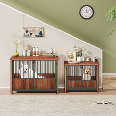 Walnut Fluted Wood Dog Crate Furniture Style Double Door