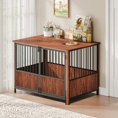 Walnut Fluted Wood Dog Crate Furniture Style Double Door