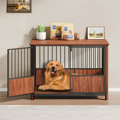 Walnut Fluted Wood Dog Crate Furniture Style Double Door