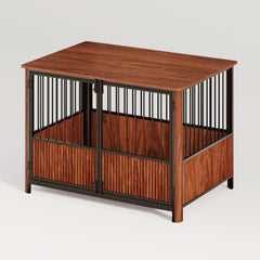 Walnut Fluted Wood Dog Crate Furniture Style Double Door