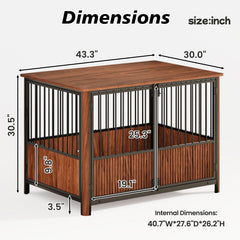 Walnut Fluted Wood Dog Crate Furniture Style Double Door
