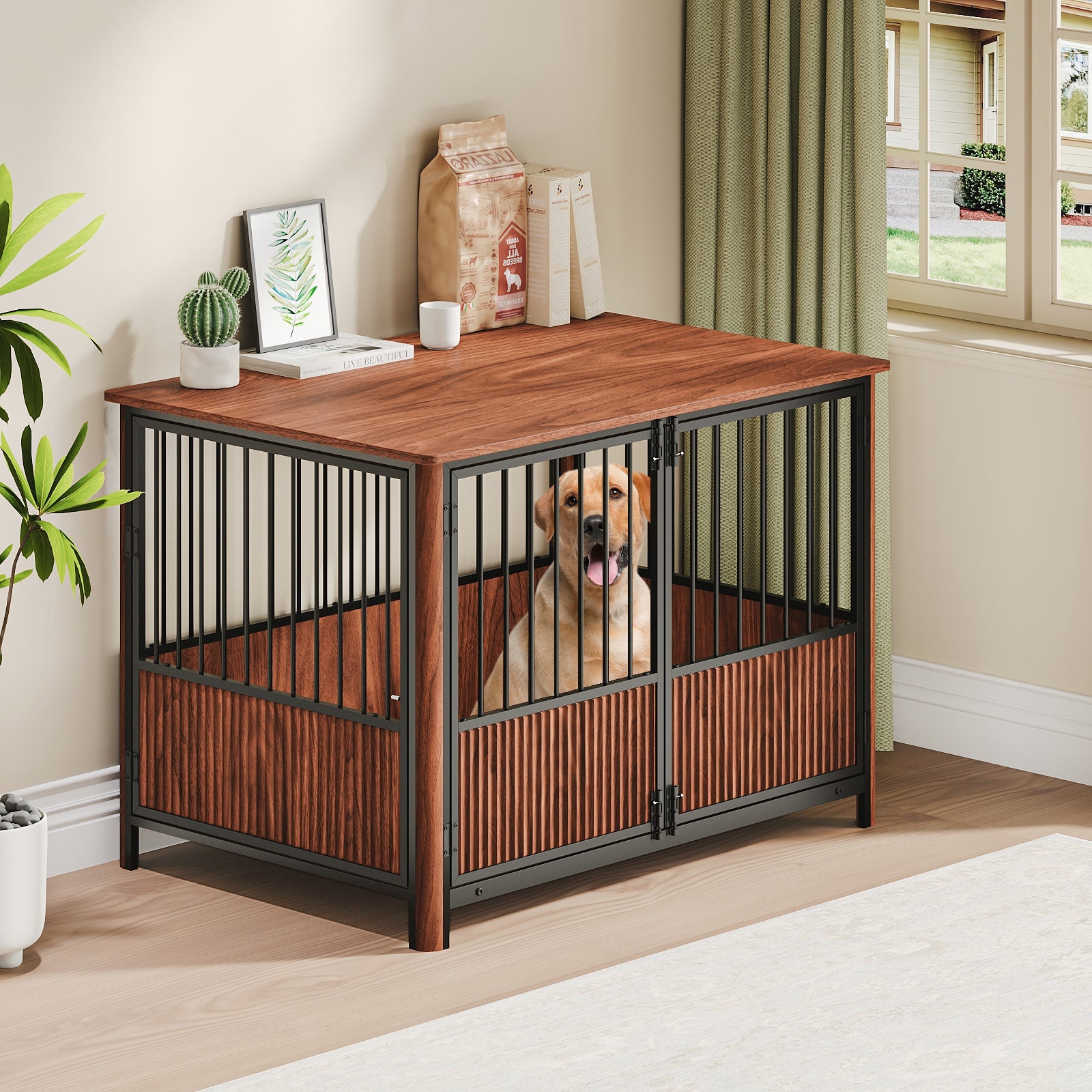 Walnut Fluted Wood Dog Crate Furniture Style Double Door