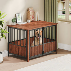 Walnut Fluted Wood Dog Crate Furniture Style Double Door